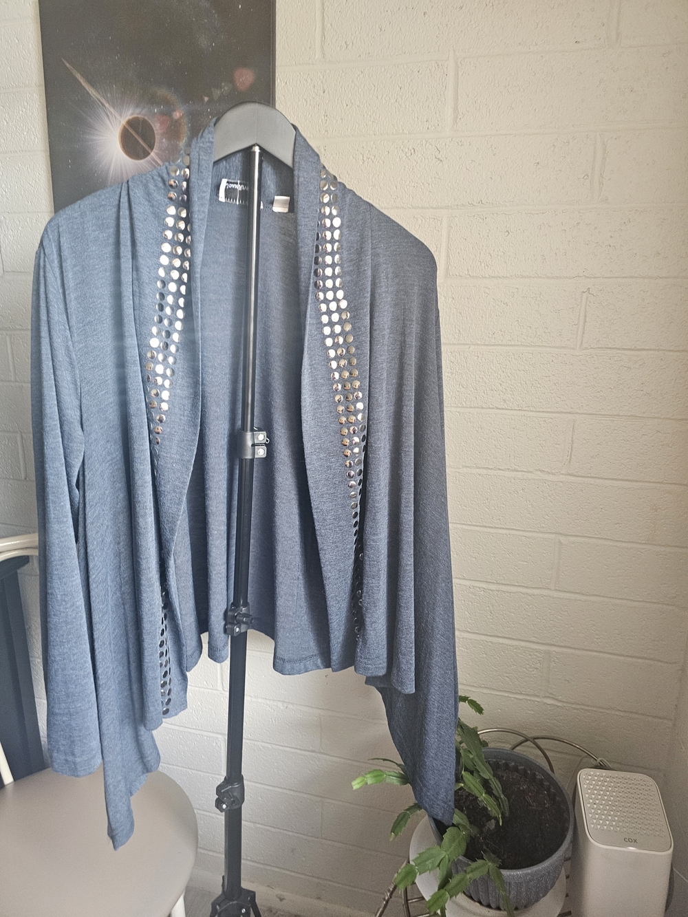 Joan Rivers Embellished Cardigan Blue Gray Studded Open Front Size L NWOT